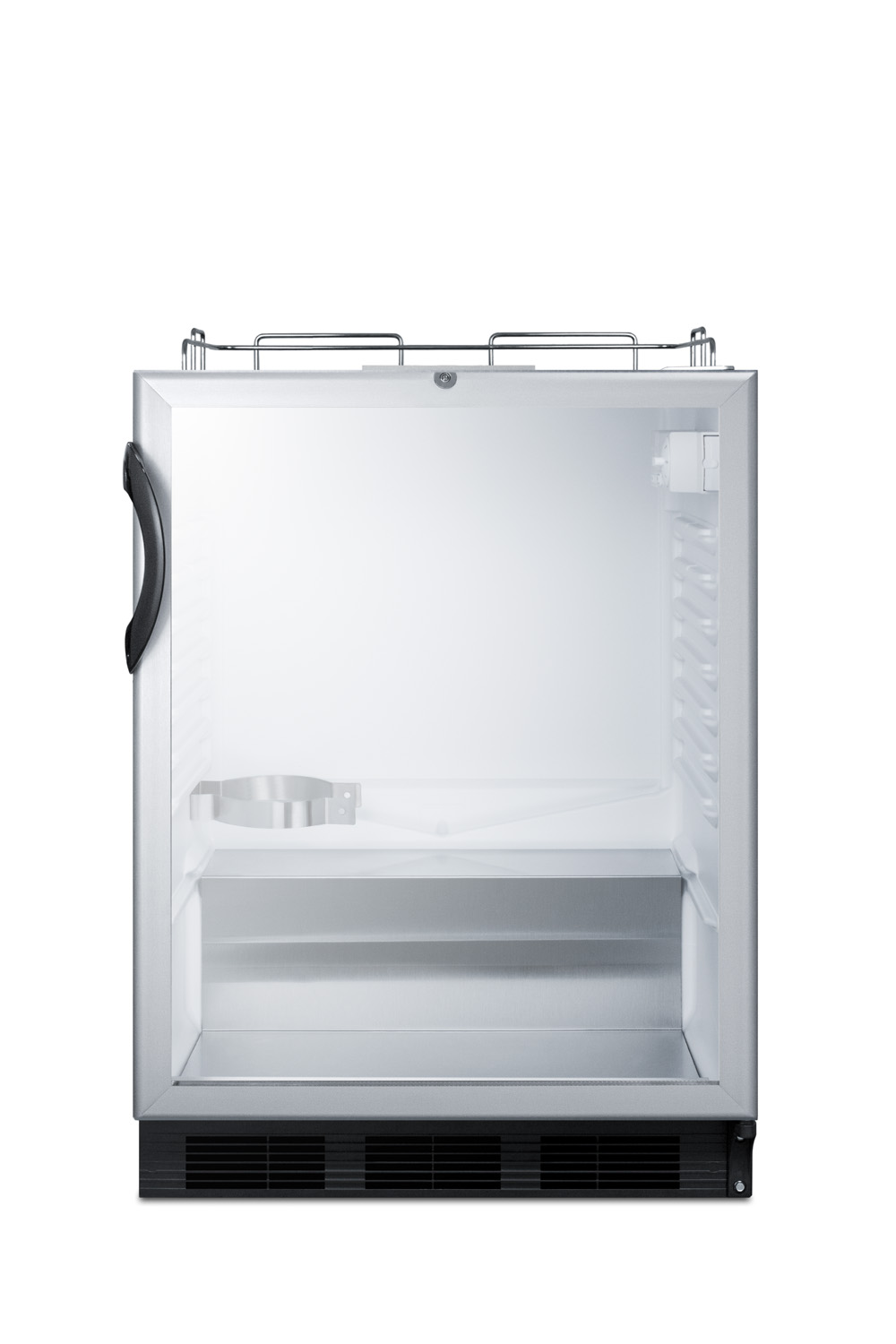 Built-in undercounter ADA height commercially listed beer dispenser with glass door, lock, and black cabinet; no tapping equipment included